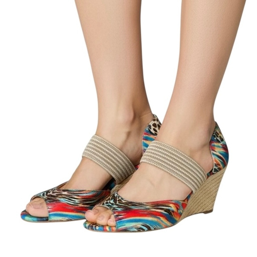 Impo Stretch Jute Espadrille Colorblock Animal Print Wedge Shoe Sandal SIZE 9